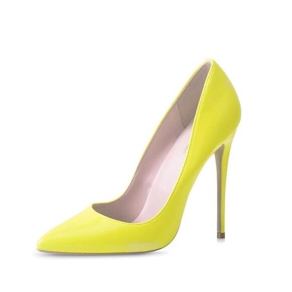 Elizabeth Tang Neon Yellow Pointed Toe Stiletto Glossy Dressy Heel Pumps Size 10 - Picture 3 of 16